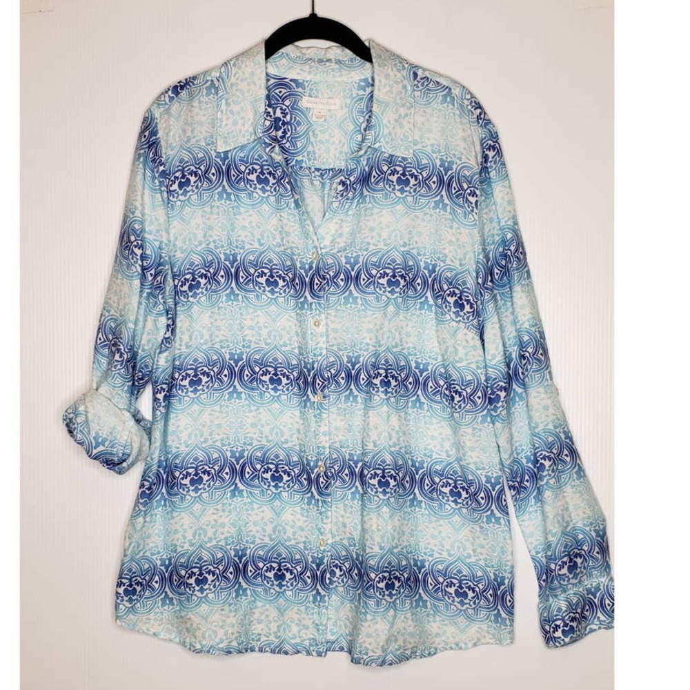 Charter Club 100% Linen Roll Tab Button Down Shirt XL Knot Geometric Print Blue